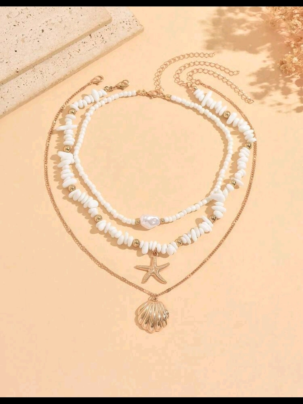 Gold Shell & Starfish Layered Necklace with White Beads - Picture 2 of 3